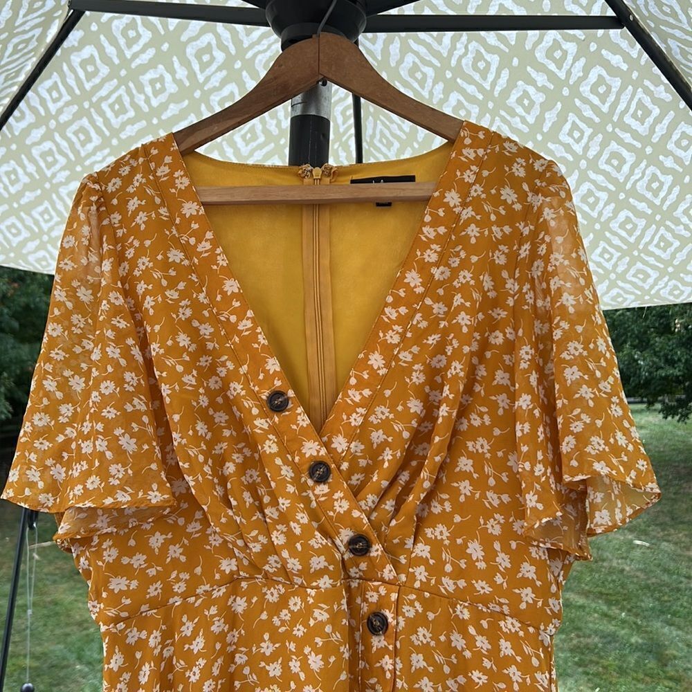 Lulus Women’s XL mustard yellow floral midi flowing dress NWOT boho prairie core - Picture 3 of 16
